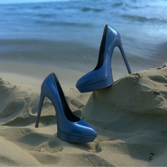 Saint Laurent Janis Bleu Majorelle Leather Pump Heels Size 37 $795 - Picture 1 of 6